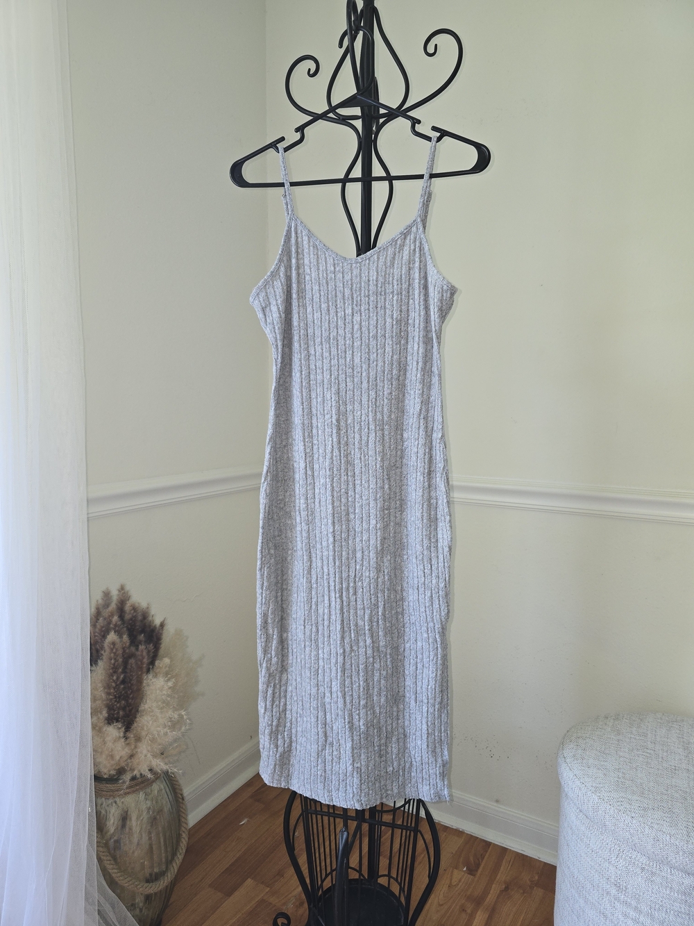 SHEIN Light Gray Ribbed Spaghetti-Strap Midi Dress